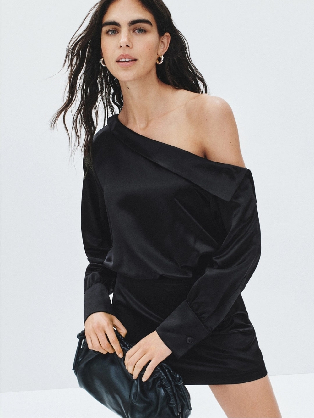 Retrofête Elio Satin Off The Shoulder Mini Dress Long Sleeve Side Zipper Size S